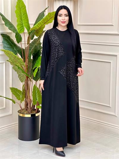 Leopar Geçişli Yumoş Anne Elbise 9063 t-24 Siyah