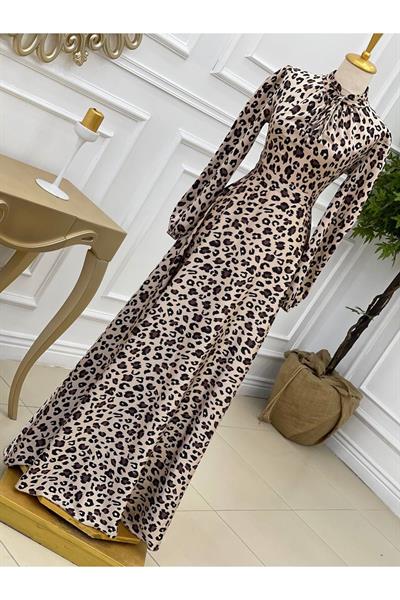 Leopar Saten Elbise 2932 Bej
