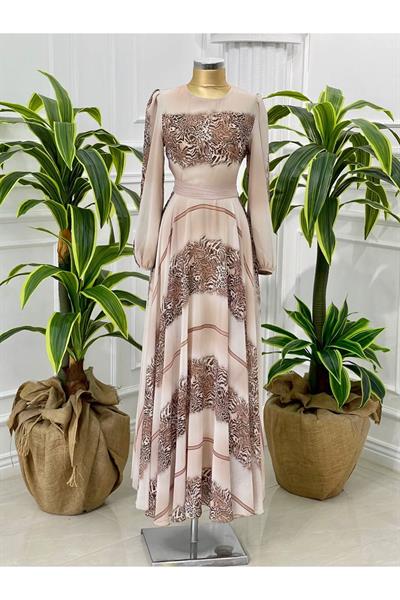 Leopar Şerit Şifon Elbise 4111 Taş