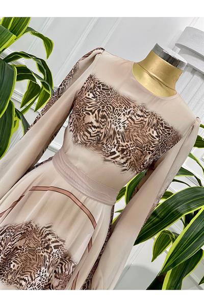 Leopar Şerit Şifon Elbise 4111 Taş