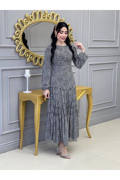 Leopar Şifon Elbise 2804 Gri
