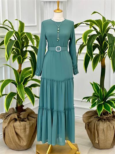 Manşet Taşlı Kat Kat Şifon Elbise 3394 T-24 Mint yeşili