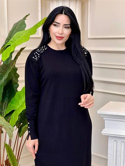 Merseriz Omuz Taşlı Elbise 140156 t-24 Siyah