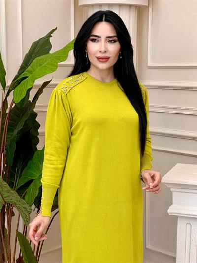 Merseriz Omuz Taşlı Elbise 140156 t-24 Yağ Yeşili