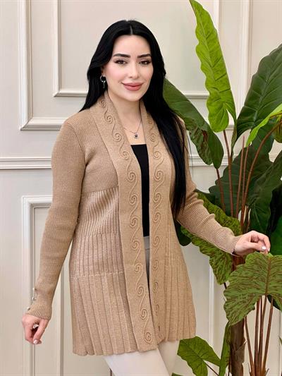 Nakış Detay Simli Triko Hırka 5300 t-24 Camel