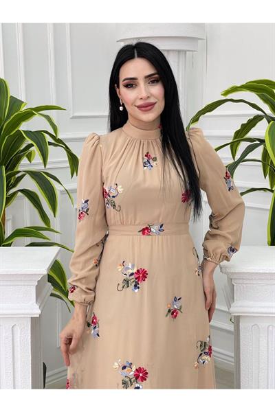 Nakişli Şifon Elbise 4041 Bej