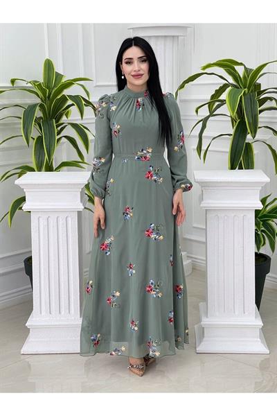 Nakişli Şifon Elbise 4041 Mint yeşili
