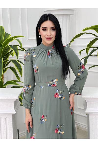 Nakişli Şifon Elbise 4041 Mint yeşili