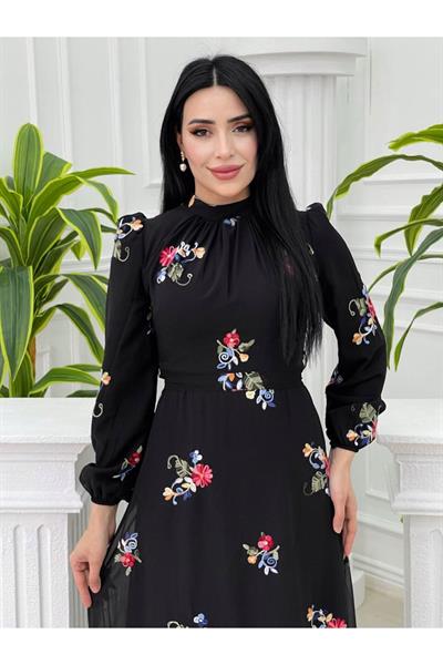Nakişli Şifon Elbise 4041 Siyah