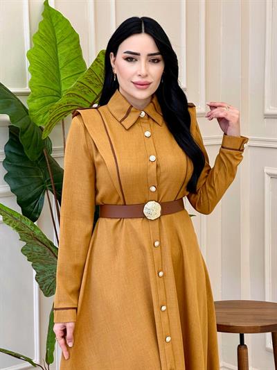 Omuz Apolet Düğmeli Elbise 7027 e025 Hardal