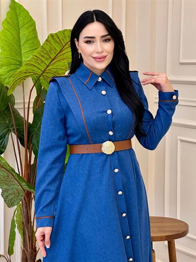 Omuz Apolet Düğmeli Elbise 7027 e025 İndigo Mavi