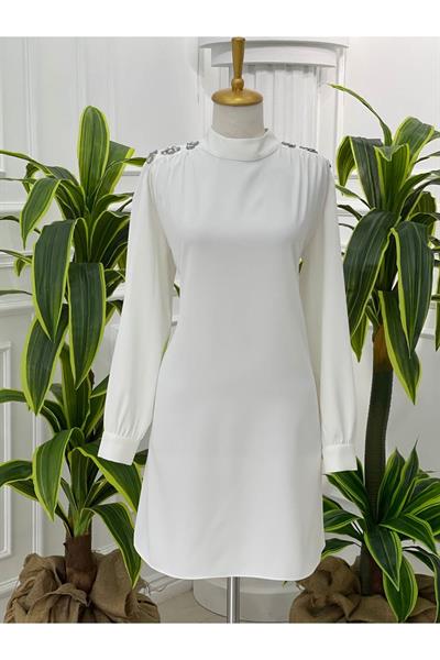 Omuz Çiçek Taş Tunik 23065 Beyaz