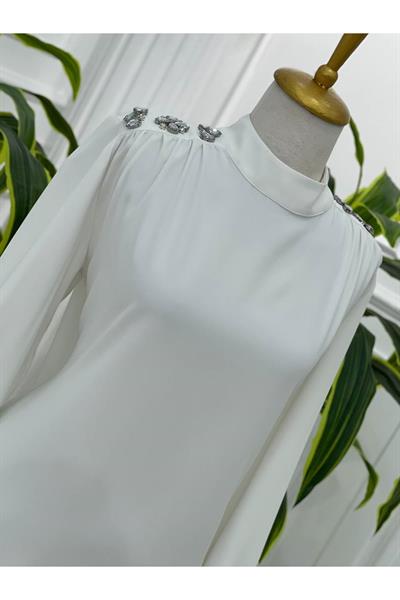 Omuz Çiçek Taş Tunik 23065 Beyaz