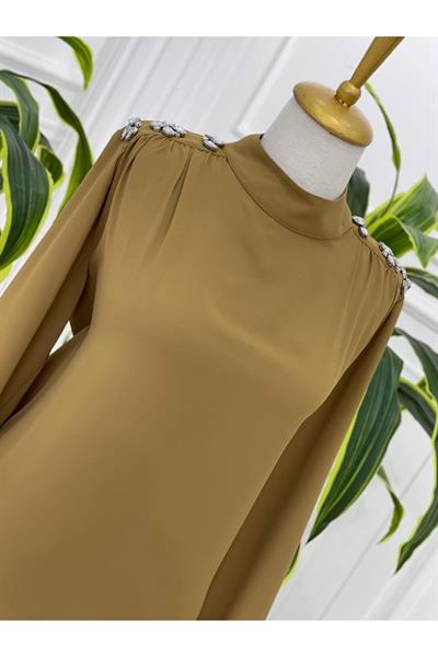 Omuz Çiçek Taş Tunik 23065 Hardal