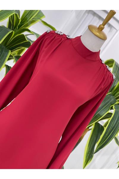Omuz Çiçek Taş Tunik 23065 Kırmızı