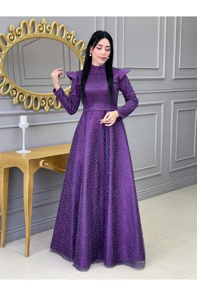 Omuz Detay Abiye 17636 Leylak