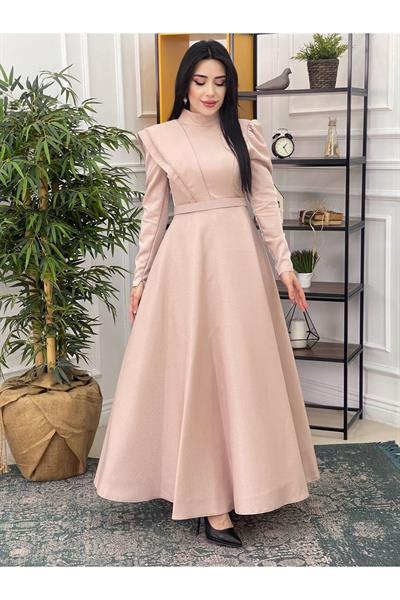Omuz Detay Prenses Abiye 12290 Bej