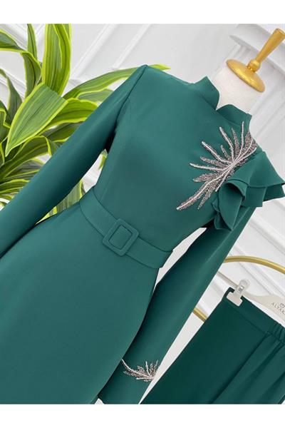 Omuz Detay Taşlı Takım 4150-Zümrüt Yeşil