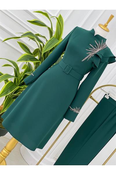Omuz Detay Taşlı Takım 4150-Zümrüt Yeşil