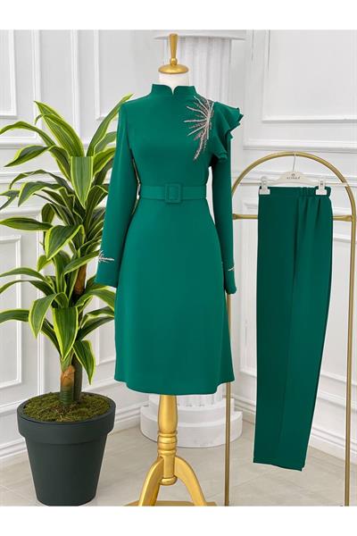 Omuz Detay Taşlı Takım 4150-Zümrüt Yeşil