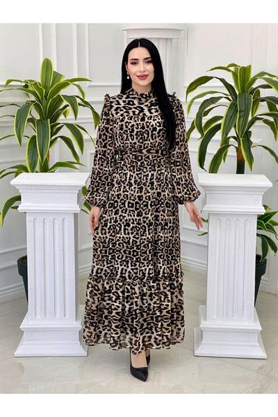 Omuz Fır Fır Piliseli Elbise 3958 Leopar