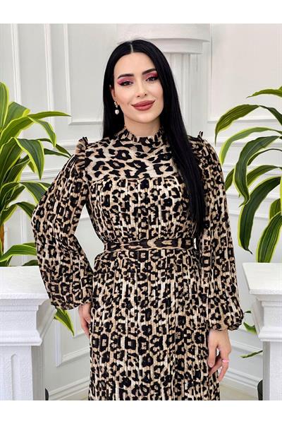 Omuz Fır Fır Piliseli Elbise 3958 Leopar