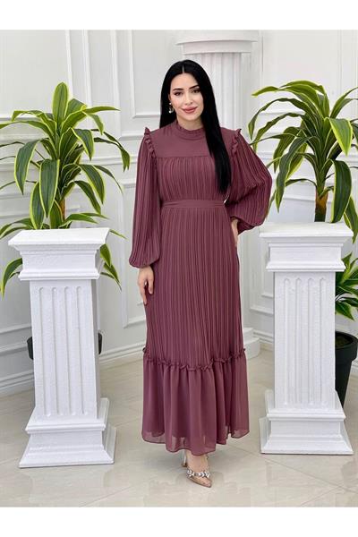 Omuz Fır Fır Piliseli Elbise 3958 Rose