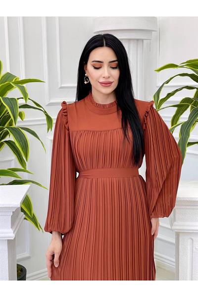 Omuz Fır Fır Piliseli Elbise 3958 Taba