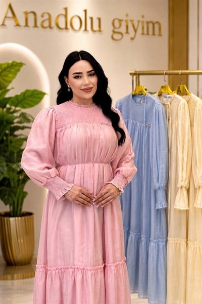 Omuz Gipeli Jile Bezi Yaz Elbisesi 12691 T-26 pembe