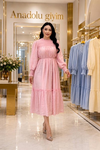 Omuz Gipeli Jile Bezi Yaz Elbisesi 12691 T-26 pembe