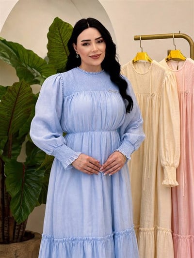 Omuz Gipeli Jile Bezi Yaz Elbisesi 12691 T-26 Mavi