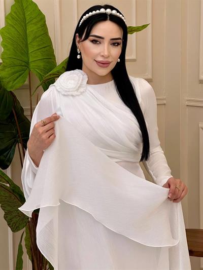 Omuz Gül İpek Şifon Elbise 4672 e-25 Beyaz