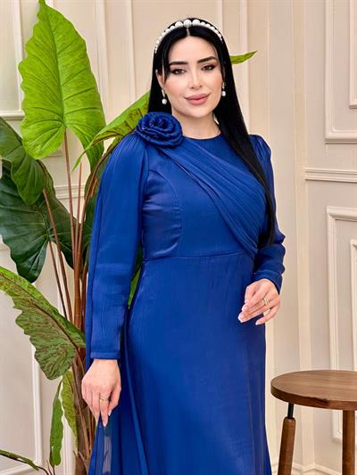 Omuz Gül İpek Şifon Elbise 4672 e-25 Lacivert