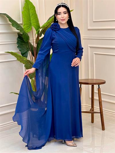 Omuz Gül İpek Şifon Elbise 4672 e-25 Lacivert