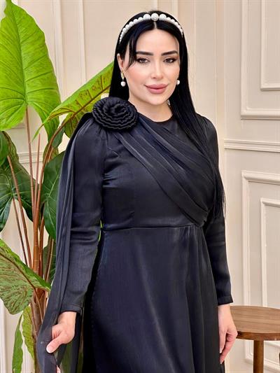 Omuz Gül İpek Şifon Elbise 4672 e-25 Siyah