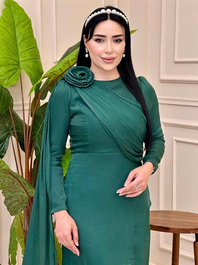 Omuz Gül İpek Şifon Elbise 4672 e-25 Yeşil