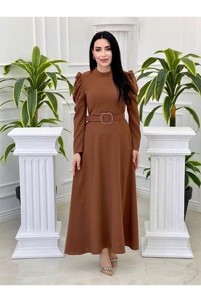 Omuz İncili Krep Elbise 1261 Kahverengi