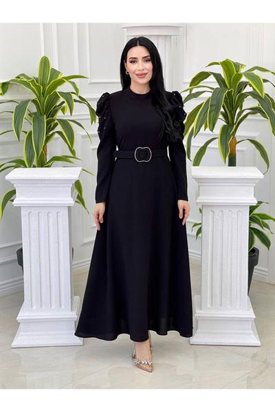 Omuz İncili Krep Elbise 1261 Siyah