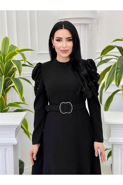 Omuz İncili Krep Elbise 1261 Siyah