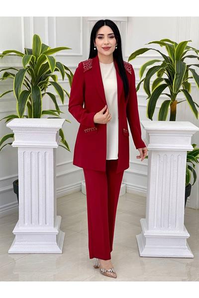 Omuz İşleme Ceketli Takım 5724 Kırmızı