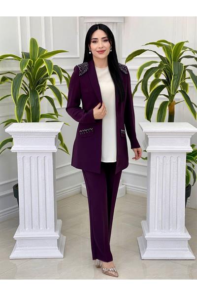 Omuz İşleme Ceketli Takım 5724 Mor