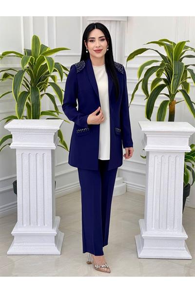 Omuz İşleme Ceketli Takım 5724 Saks