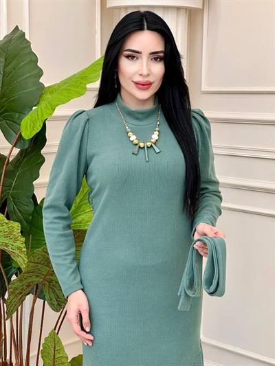 Omuz Pile Örme Elbise 1377 t24 Mint yeşili