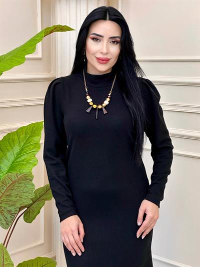 Omuz Pile Örme Elbise 1377 t24 Siyah