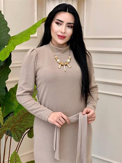 Omuz Pile Örme Elbise 1377 t24 Vizon