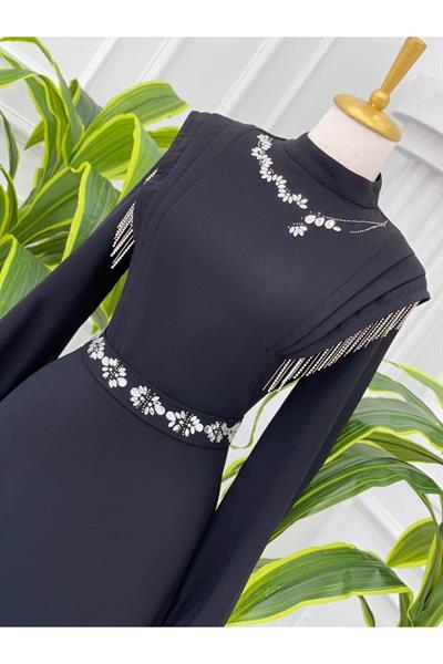 Omuz Pile Taş Elbise 22el34-Siyah