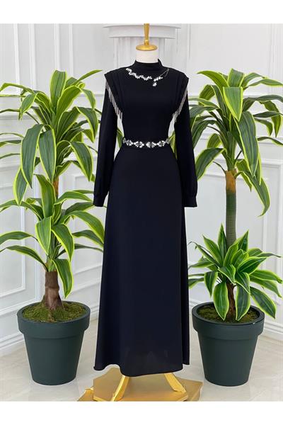 Omuz Pile Taş Elbise 22el34-Siyah