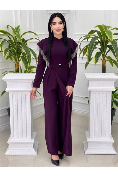 Omuz Saçak Taş Tulum 3740 Mor
