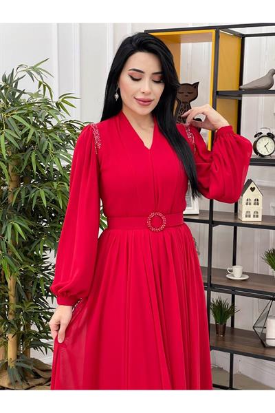 Omuz Sıra Boncuk Şifon Elbise 12328 Kırmızı