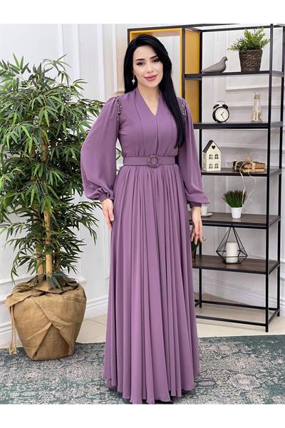Omuz Sıra Boncuk Şifon Elbise 12328 Leylak